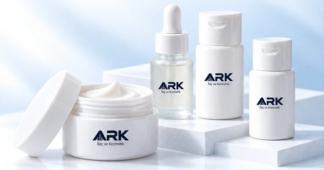 ARK etiketli beyaz kozmetik şişeler, kavanozlar ve ambalaj kutusu